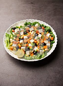 Paneer Vegetable saladÂ is a healthy Indian recipe made using cottage cheese and green veggies